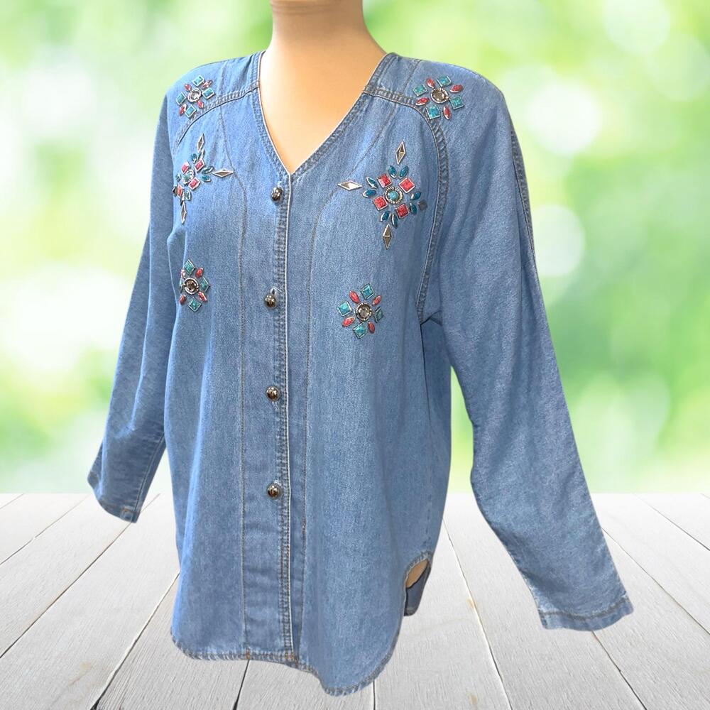 VTG Southwestern Denim Tunic Jacket Faux Turquoise Coral Embellished Artwear L